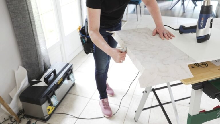 Pose de film adhésif marbre sur plan de travail – covering mobilier